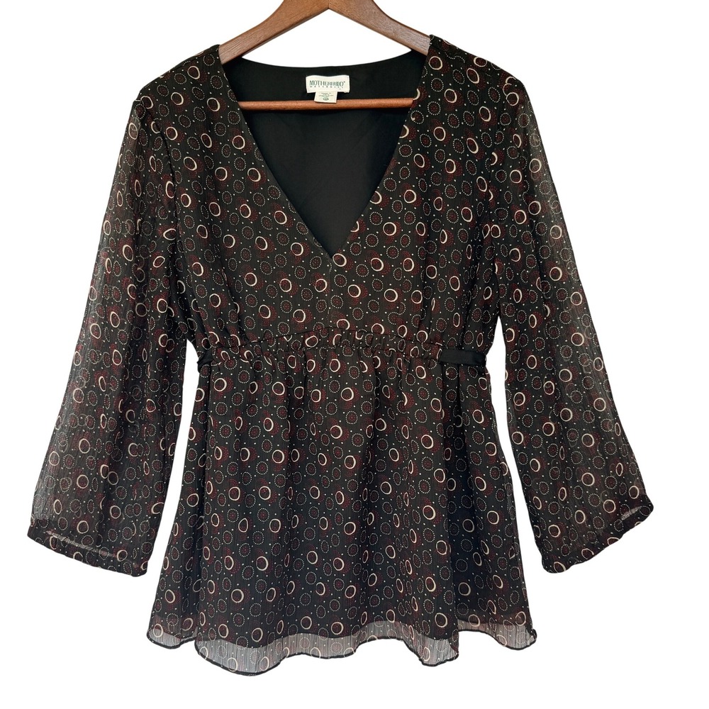 Motherhood Maternity XL Black Red Geometric Circle Print V-Neck Chiffon Blouse